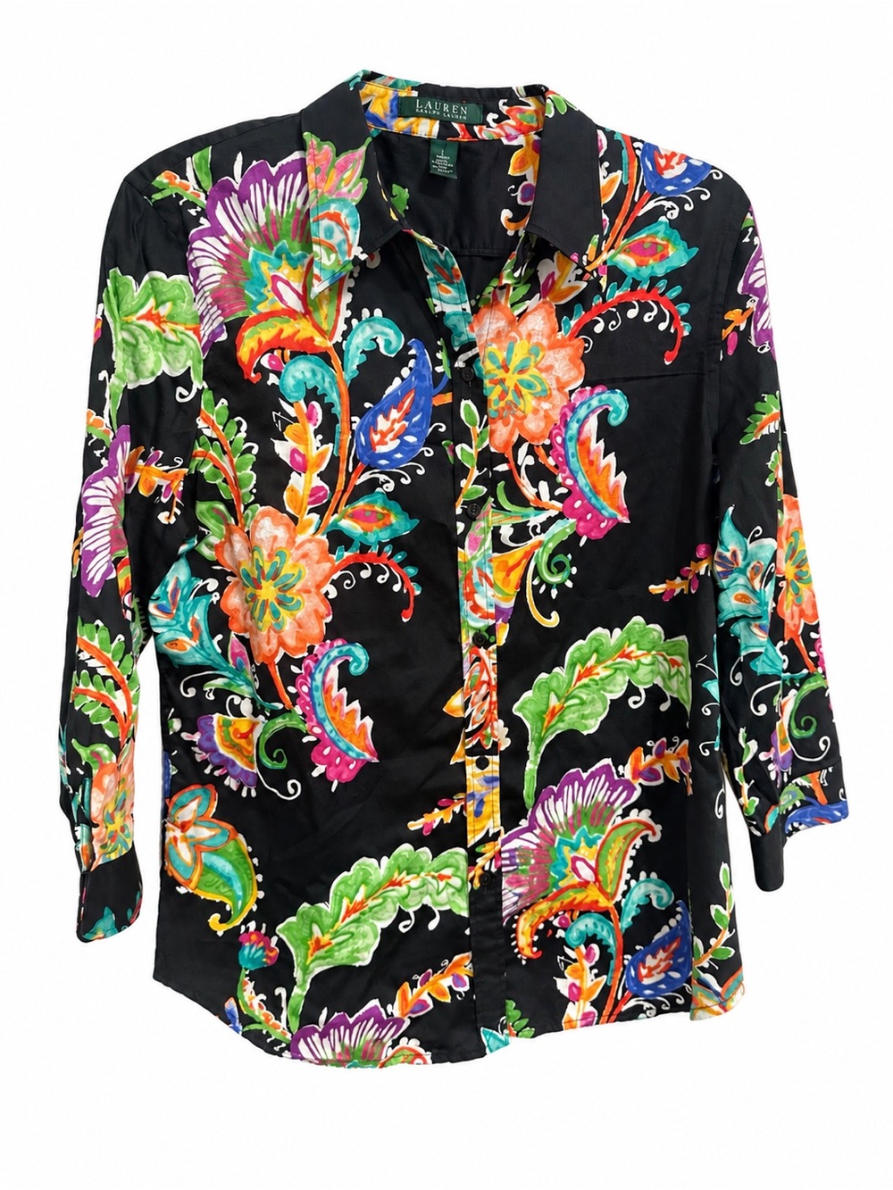 Lauren Ralph Lauren Black/Colorful Floral Top 200% Cotton, Open Cuffs~ Large